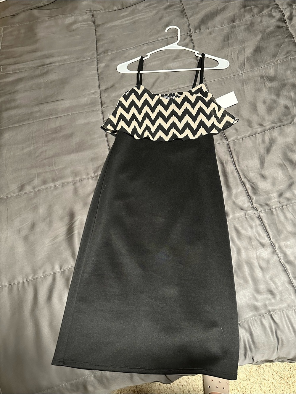 Backless Black Maxi Dress with Chevron Ruffle Bodice